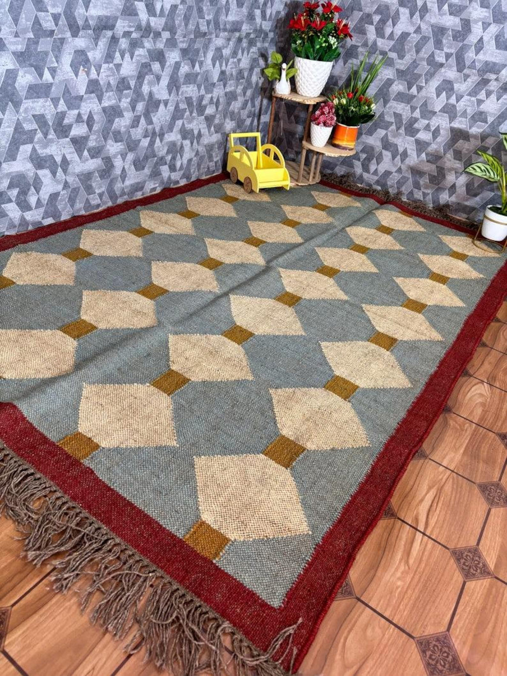 Handmade Diamond Kilim Dhurrie – Blue-Gray Wool Jute Carpet, Made to Your Size