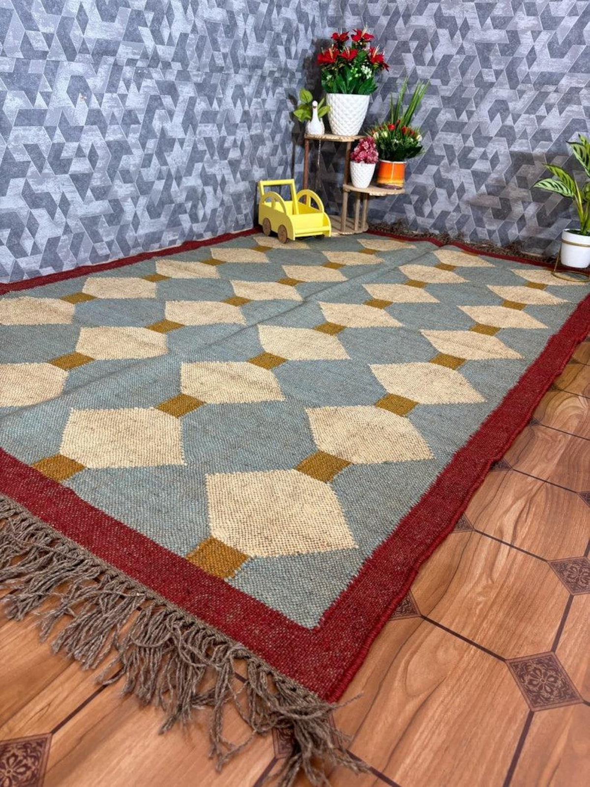 Handmade Diamond Kilim Dhurrie – Blue-Gray Wool Jute Carpet, Made to Your Size