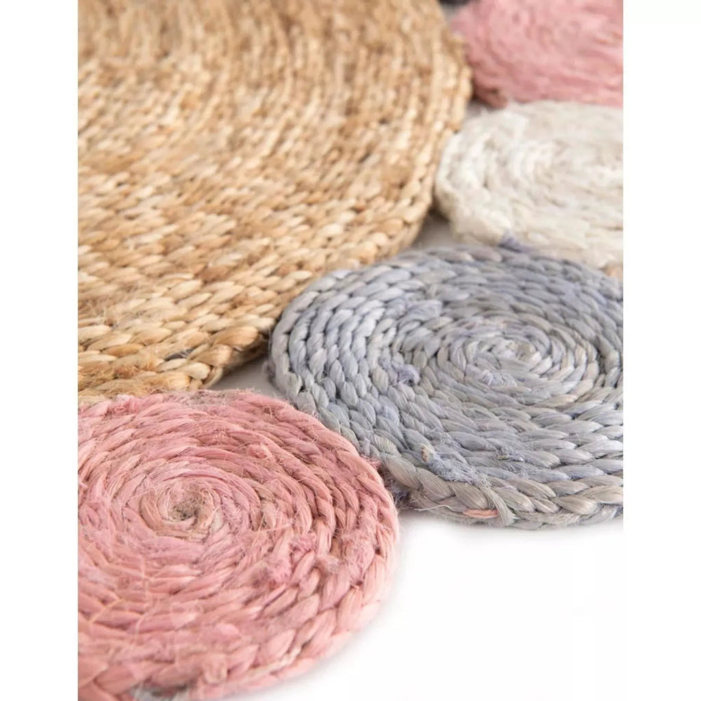 Handmade Braided Round Jute Rug – Natural Boho Area Rug with Multicolor Circle Border