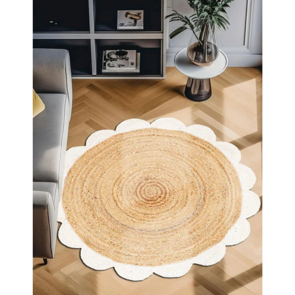 Natural Braided Circle Rug with Cream Petal Edge – Handmade Jute Area Rug