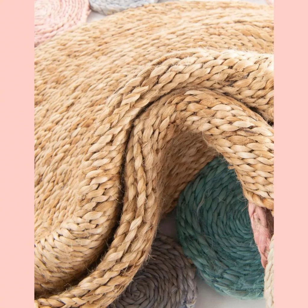 Handmade Braided Round Jute Rug – Natural Boho Area Rug with Multicolor Circle Border