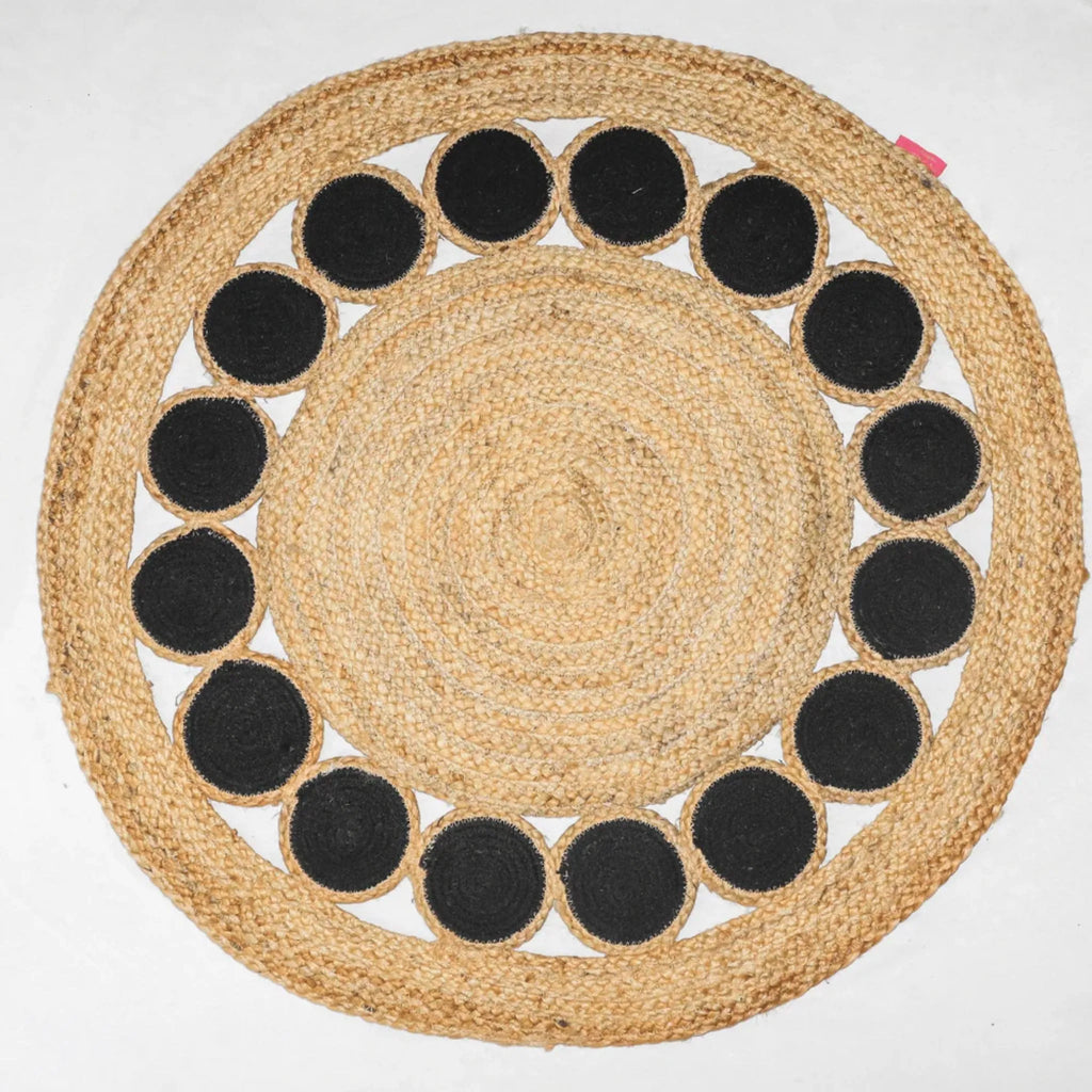 Natural Jute Circle Rug with Black Disc Ring – Handcrafted Open-Weave Area Rug