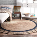 Natural Braided Circle Rug with Navy Rings – Artisan-Made Jute Floor Rug