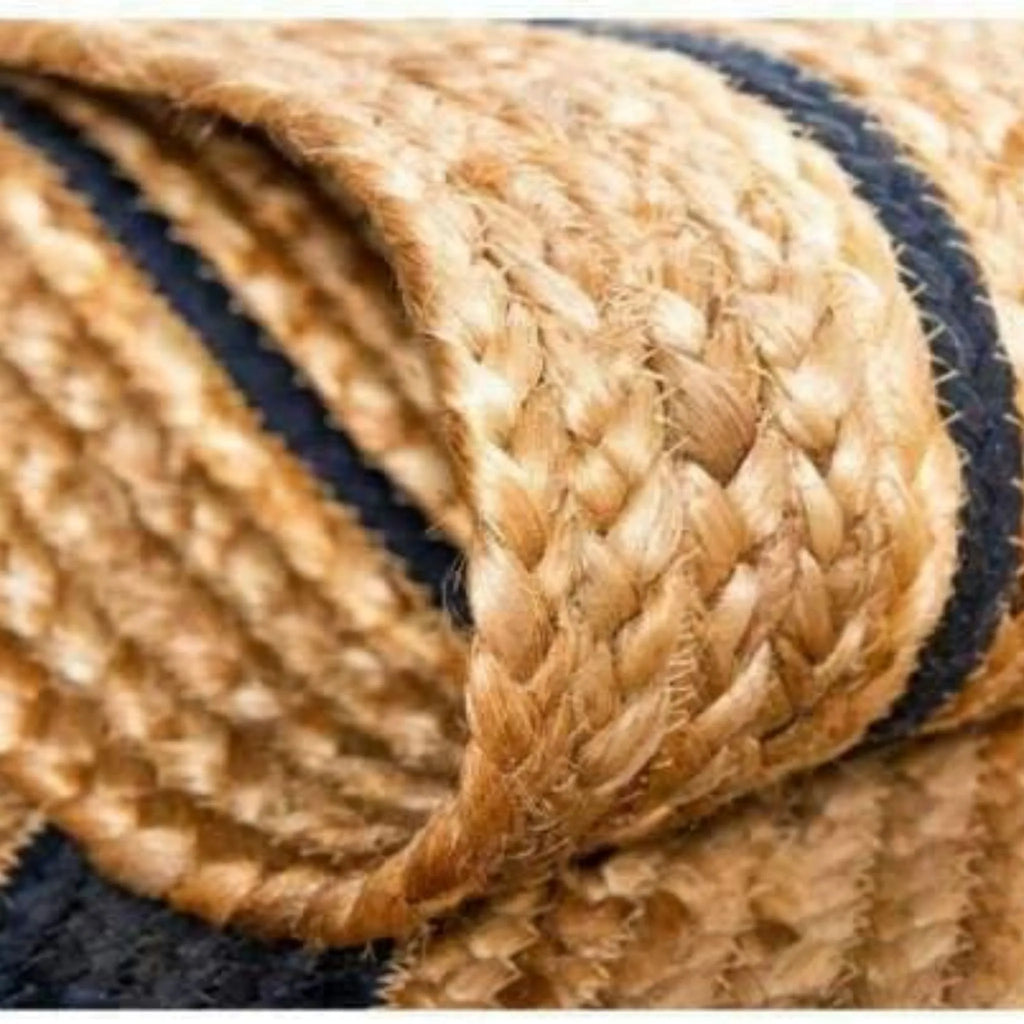 Natural Braided Circle Rug with Navy Rings – Artisan-Made Jute Floor Rug