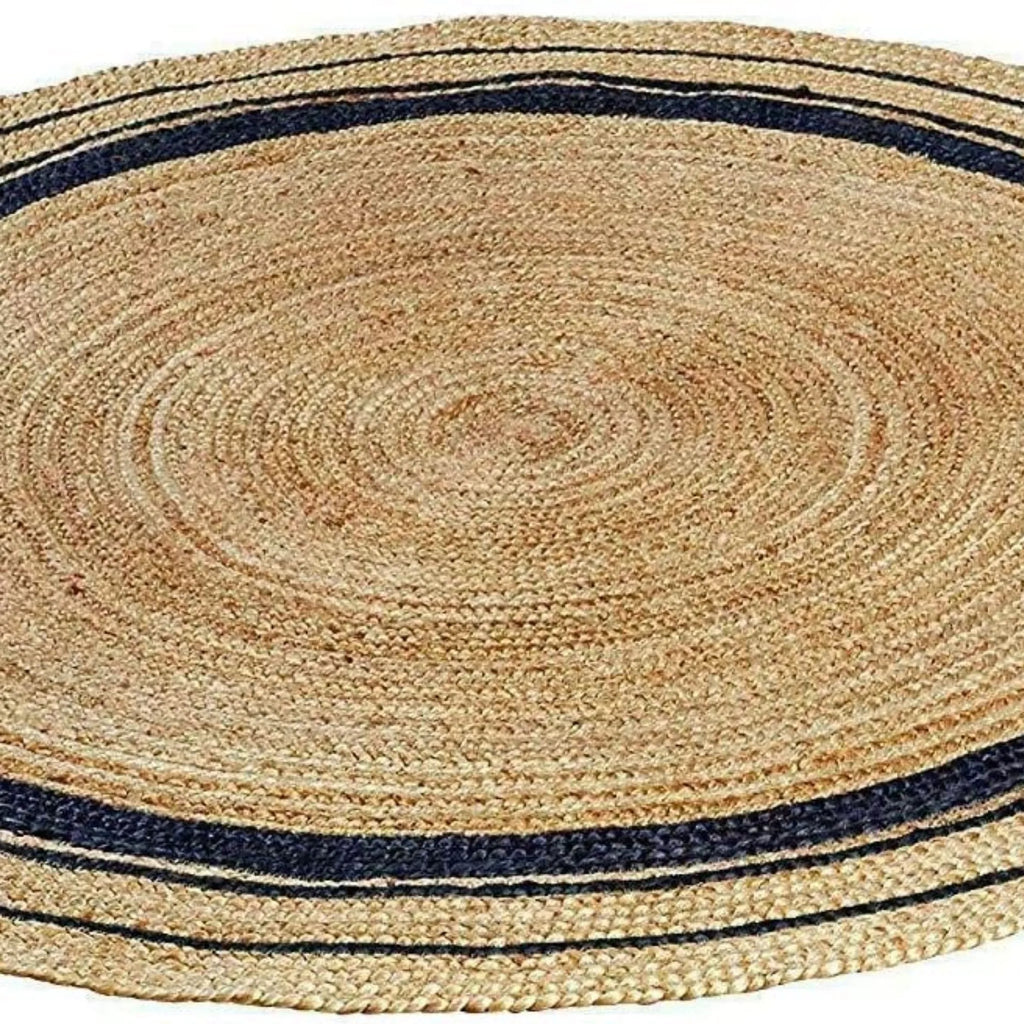 Natural Braided Circle Rug with Navy Rings – Artisan-Made Jute Floor Rug