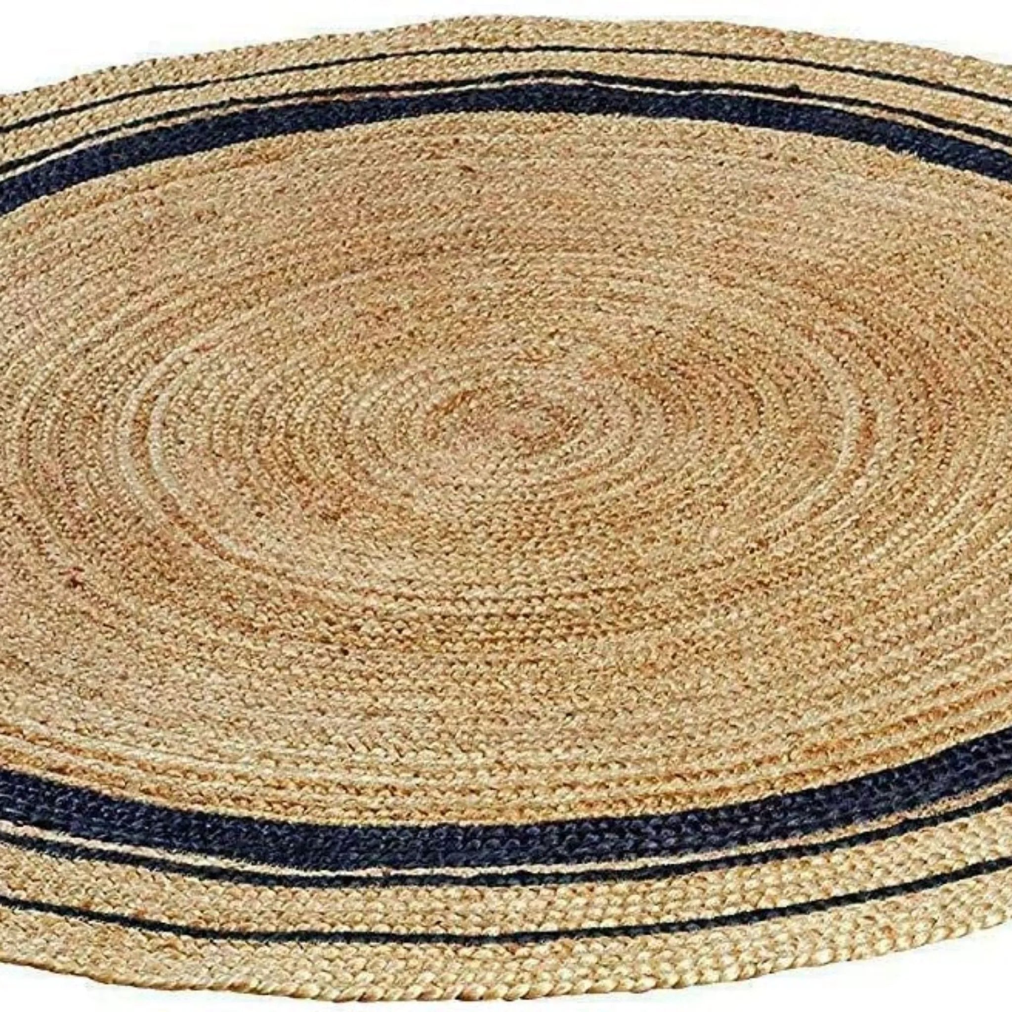 Natural Braided Circle Rug with Navy Rings – Artisan-Made Jute Floor Rug