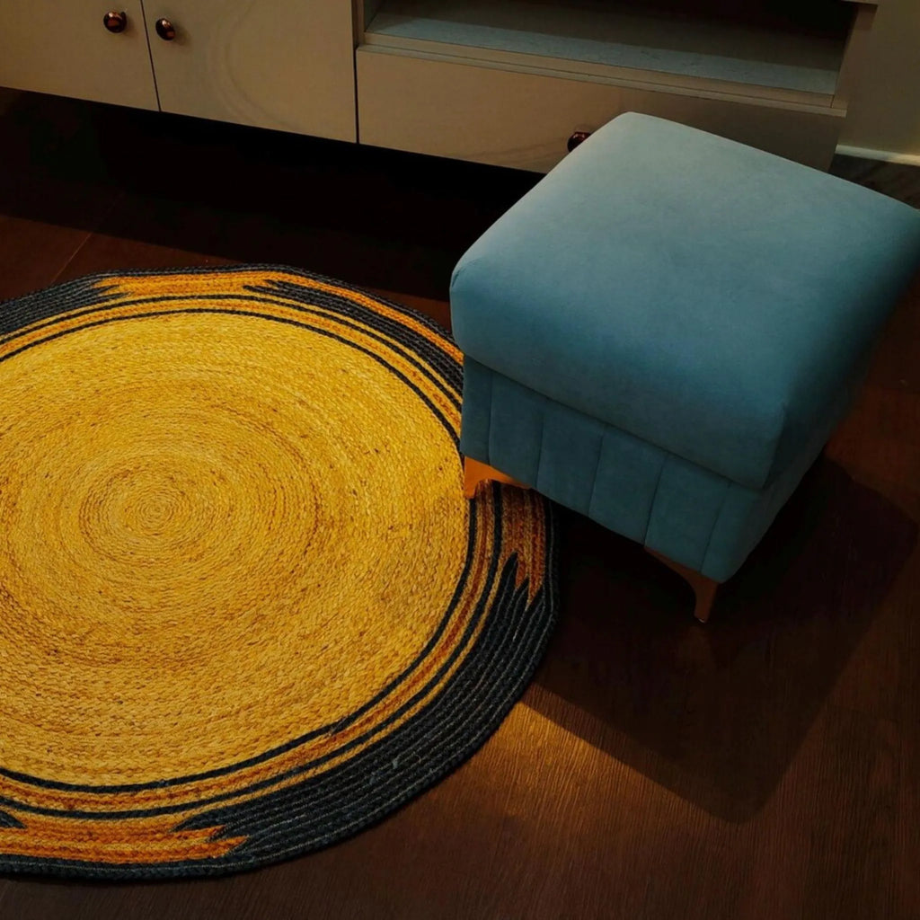 Mustard Braided Circle Rug with Charcoal Frame – Handcrafted Colorful Jute Carpet