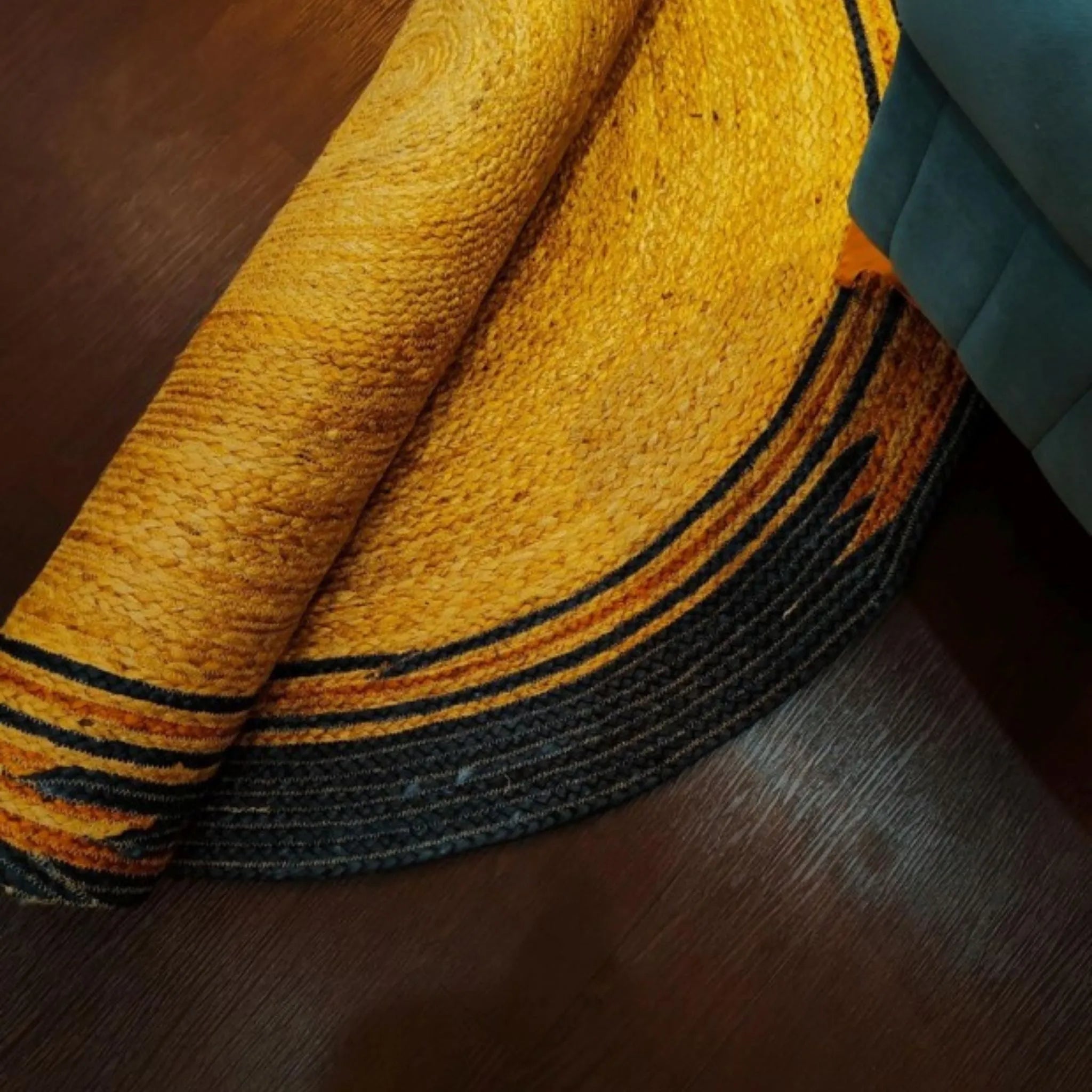 Mustard Braided Circle Rug with Charcoal Frame – Handcrafted Colorful Jute Carpet