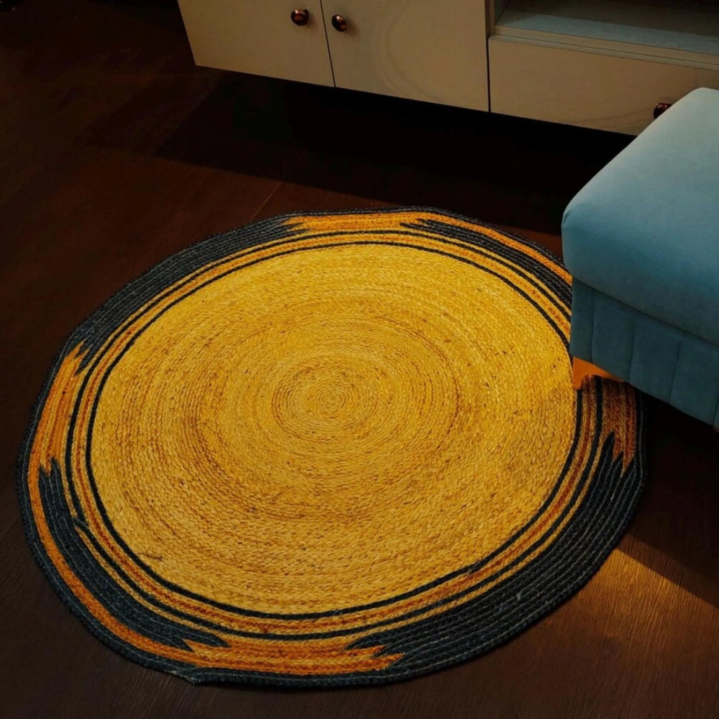 Mustard Braided Circle Rug with Charcoal Frame – Handcrafted Colorful Jute Carpet