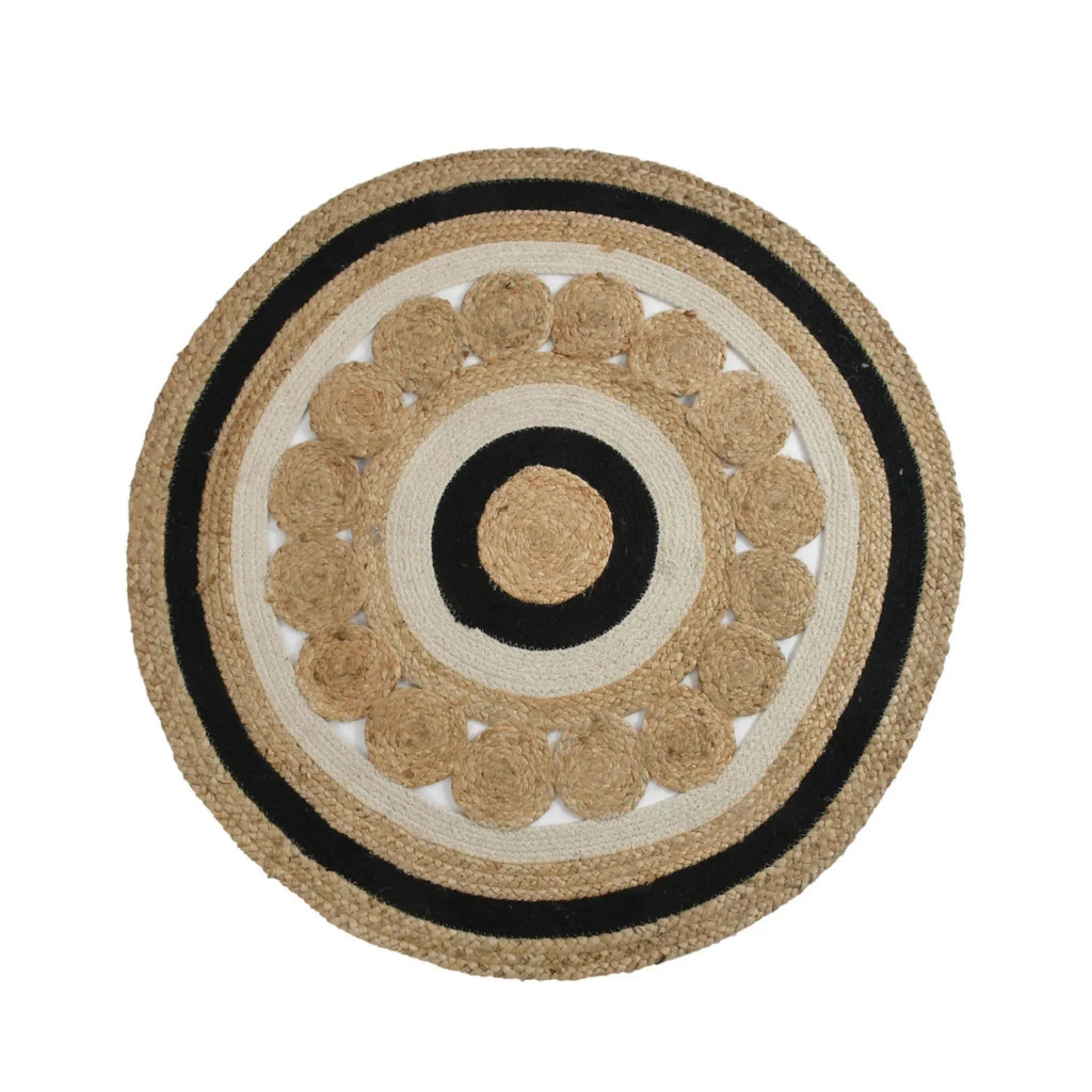 Black & Ivory Floral Round Jute Rug – Hand-Braided Natural Circle Area Rug | 2–12 Ft