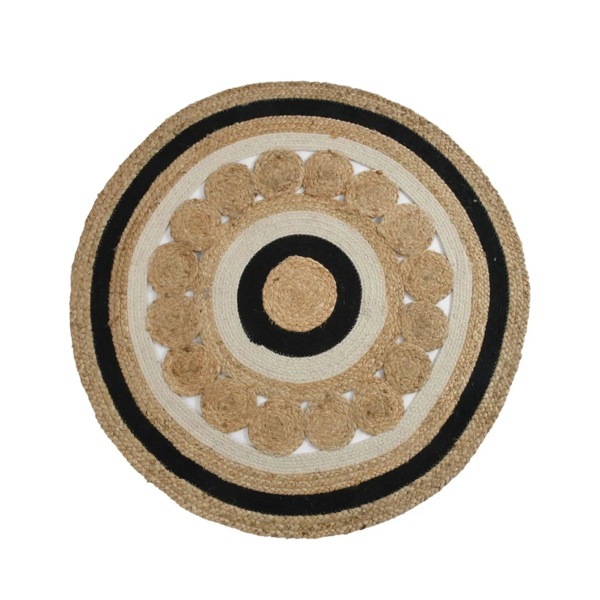 Black & Ivory Floral Round Jute Rug – Hand-Braided Natural Circle Area Rug | 2–12 Ft