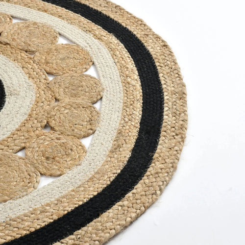 Black & Ivory Floral Round Jute Rug – Hand-Braided Natural Circle Area Rug | 2–12 Ft