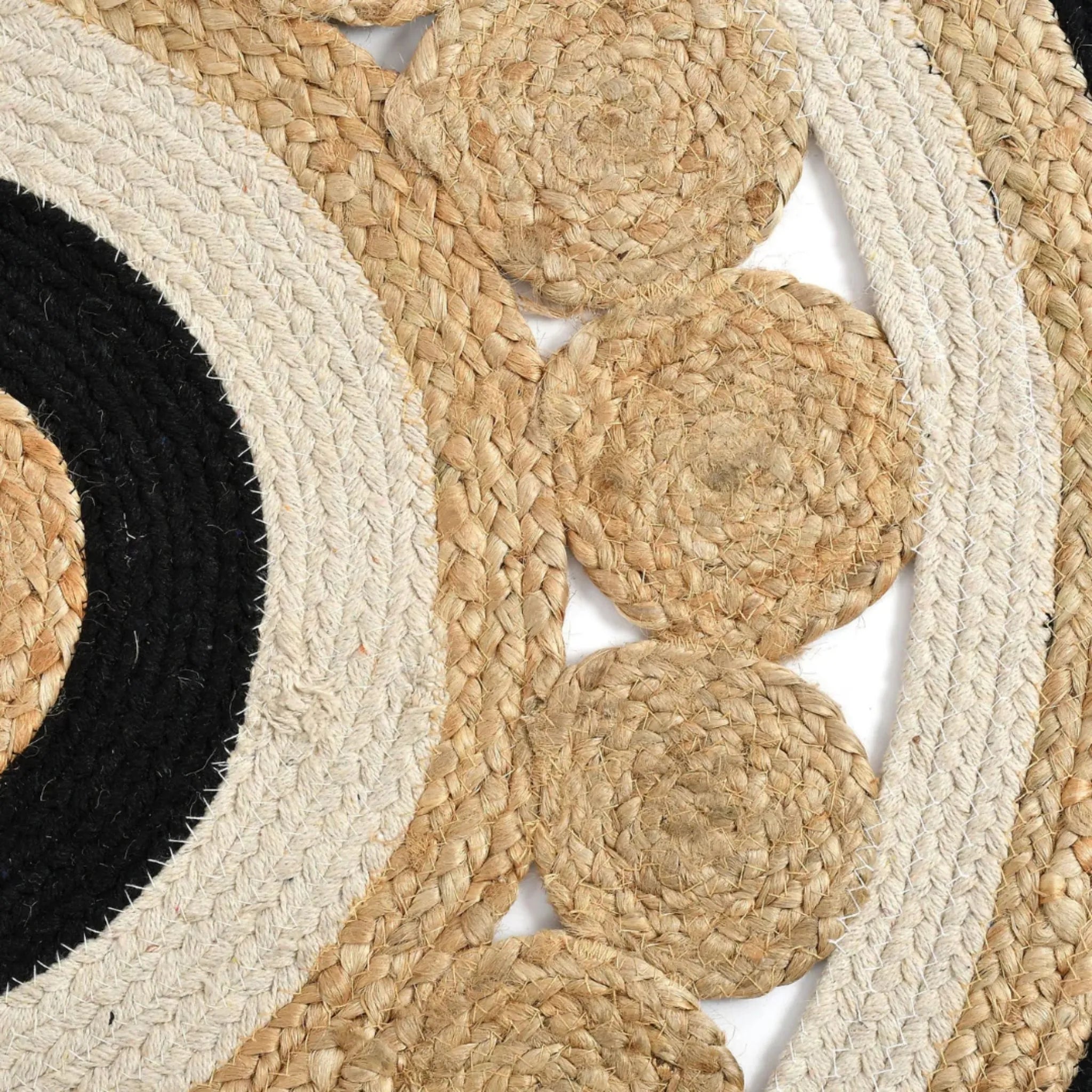 Black & Ivory Floral Round Jute Rug – Hand-Braided Natural Circle Area Rug | 2–12 Ft