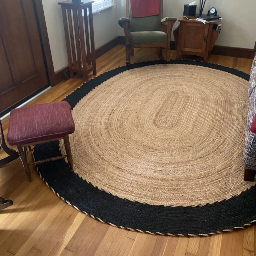 Beige Braided Ellipse Rug with Black Frame – Artisan Natural Jute Carpet