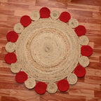 Crimson Pebble Border Jute Carpet – Artisan-Braided Natural Circle Rug