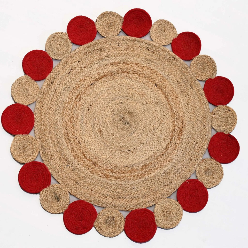 Crimson Pebble Border Jute Carpet – Artisan-Braided Natural Circle Rug