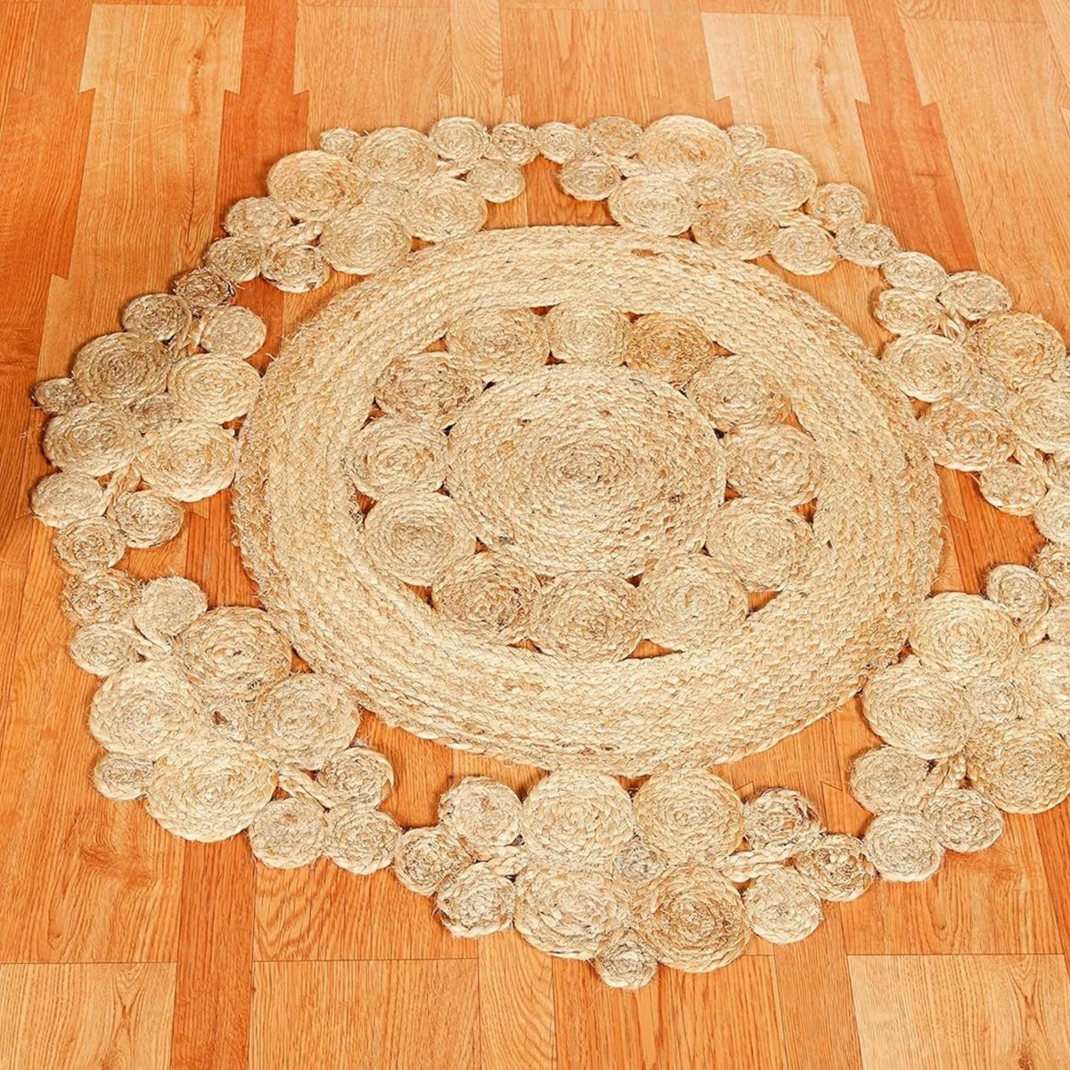 Natural Floral Round Jute Rug – Handmade Reversible Braided Circle Carpet