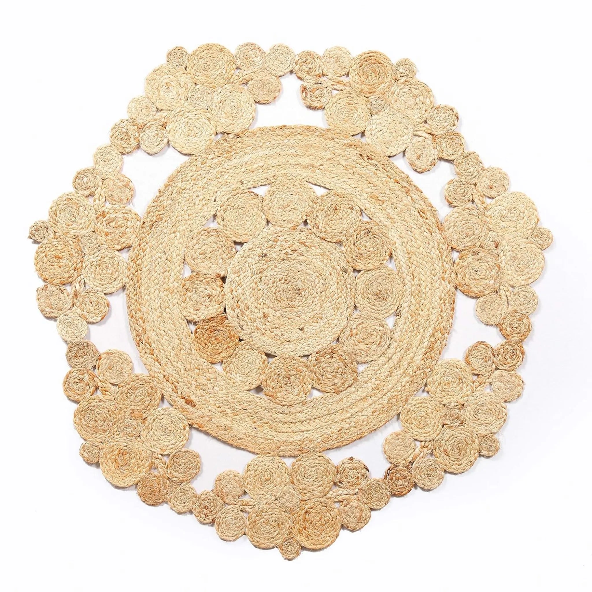 Natural Floral Round Jute Rug – Handmade Reversible Braided Circle Carpet