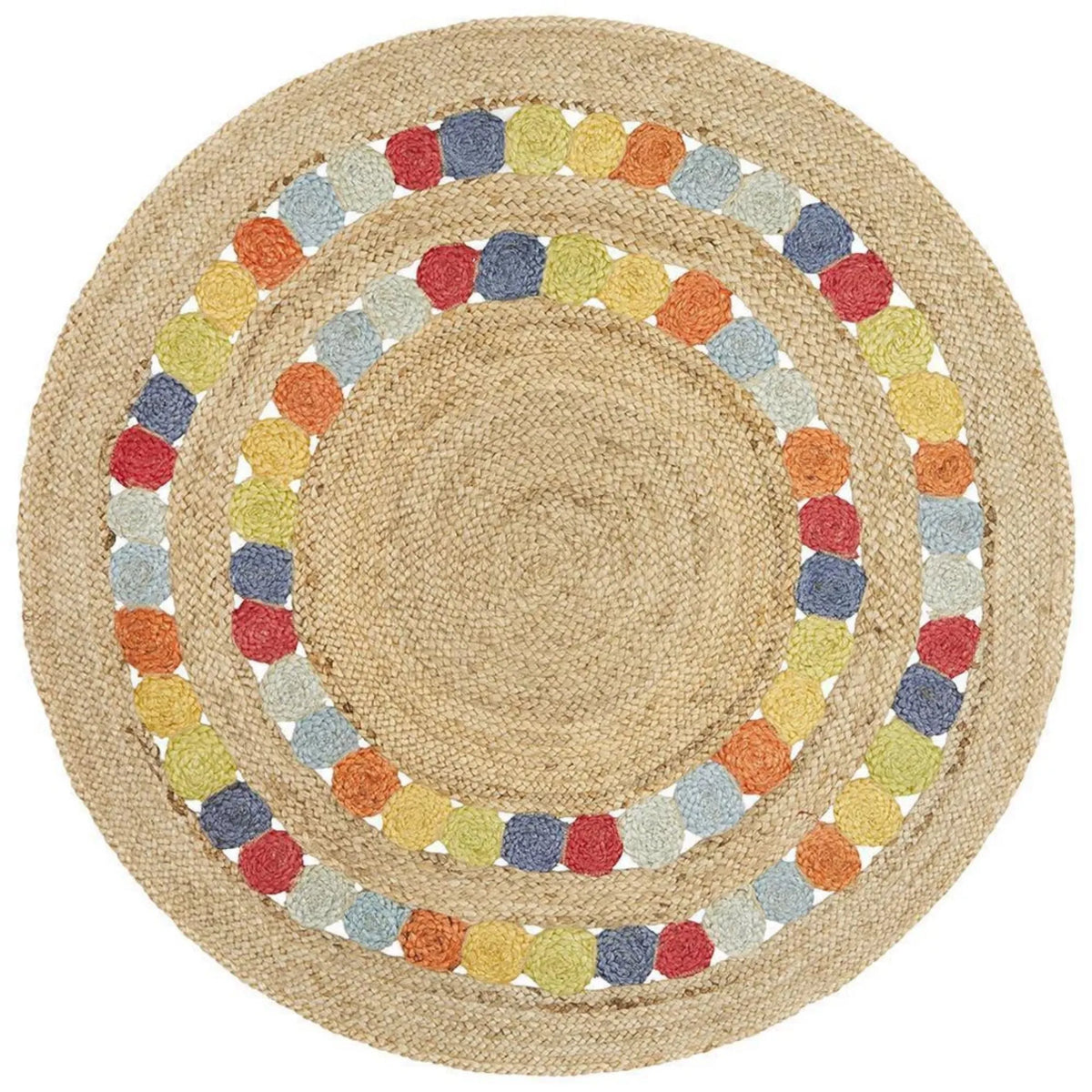 Natural Rainbow Round Jute Rug – Hand-Braided Colorful Medallion Area Carpet