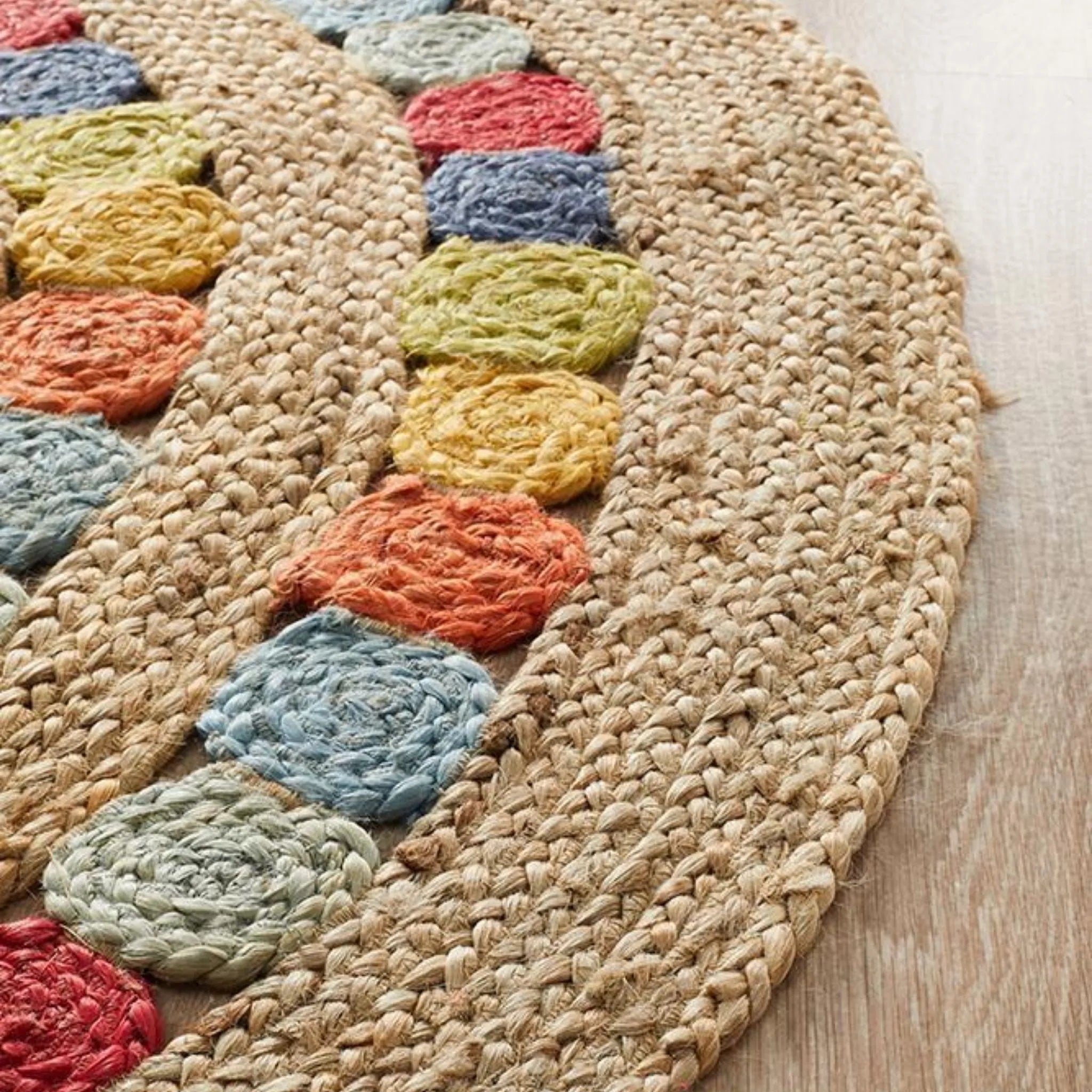 Natural Rainbow Round Jute Rug – Hand-Braided Colorful Medallion Area Carpet