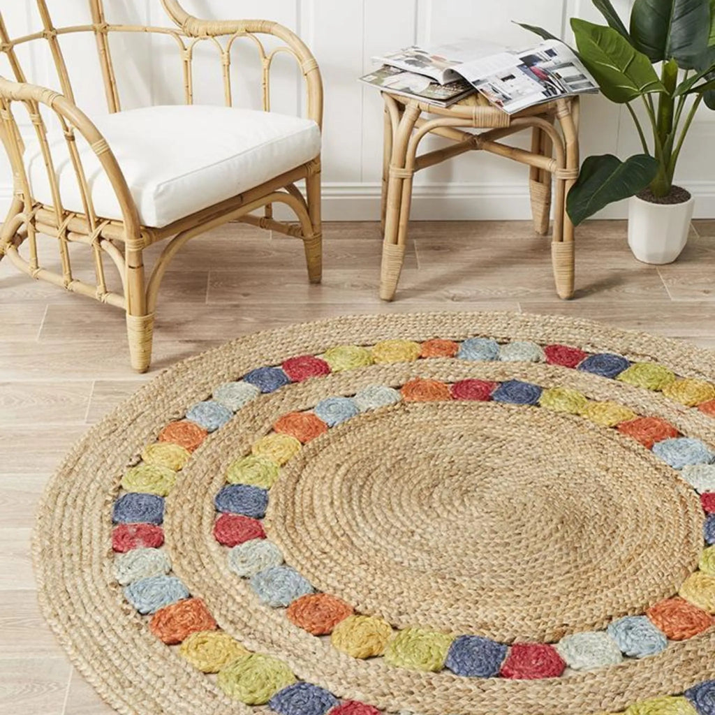 Natural Rainbow Round Jute Rug – Hand-Braided Colorful Medallion Area Carpet