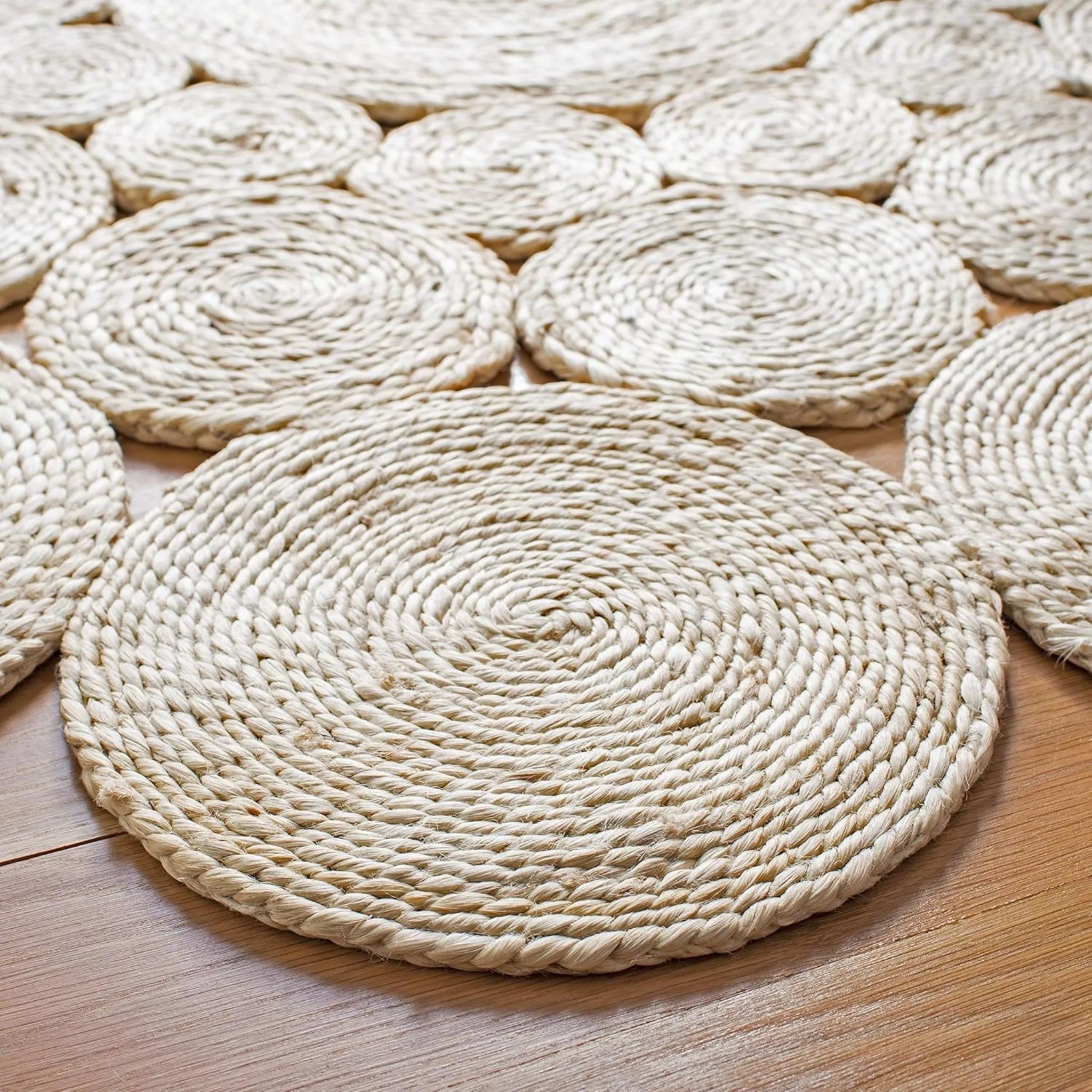 Cream Bubble Round Jute Rug – Artisan-Braided Organic Medallion Carpet