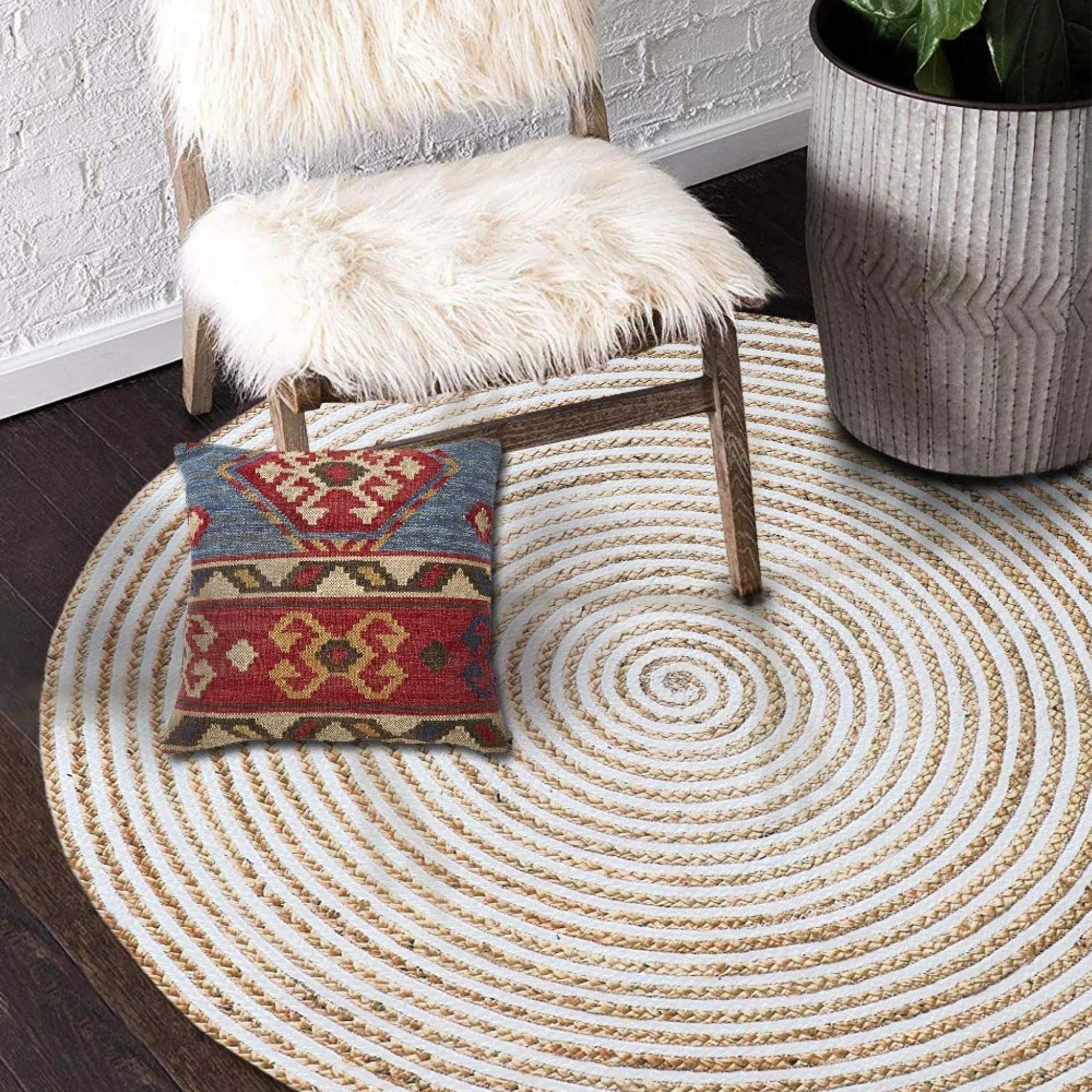 Natural Beige & White Spiral Round Rug – Artisan-Braided Jute Cotton Carpet