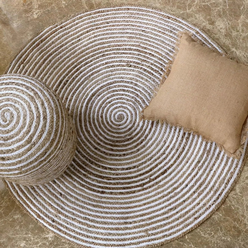 Natural Beige & White Spiral Round Rug – Artisan-Braided Jute Cotton Carpet