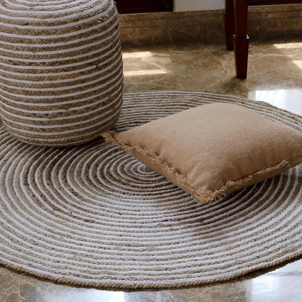 Natural Beige & White Spiral Round Rug – Artisan-Braided Jute Cotton Carpet