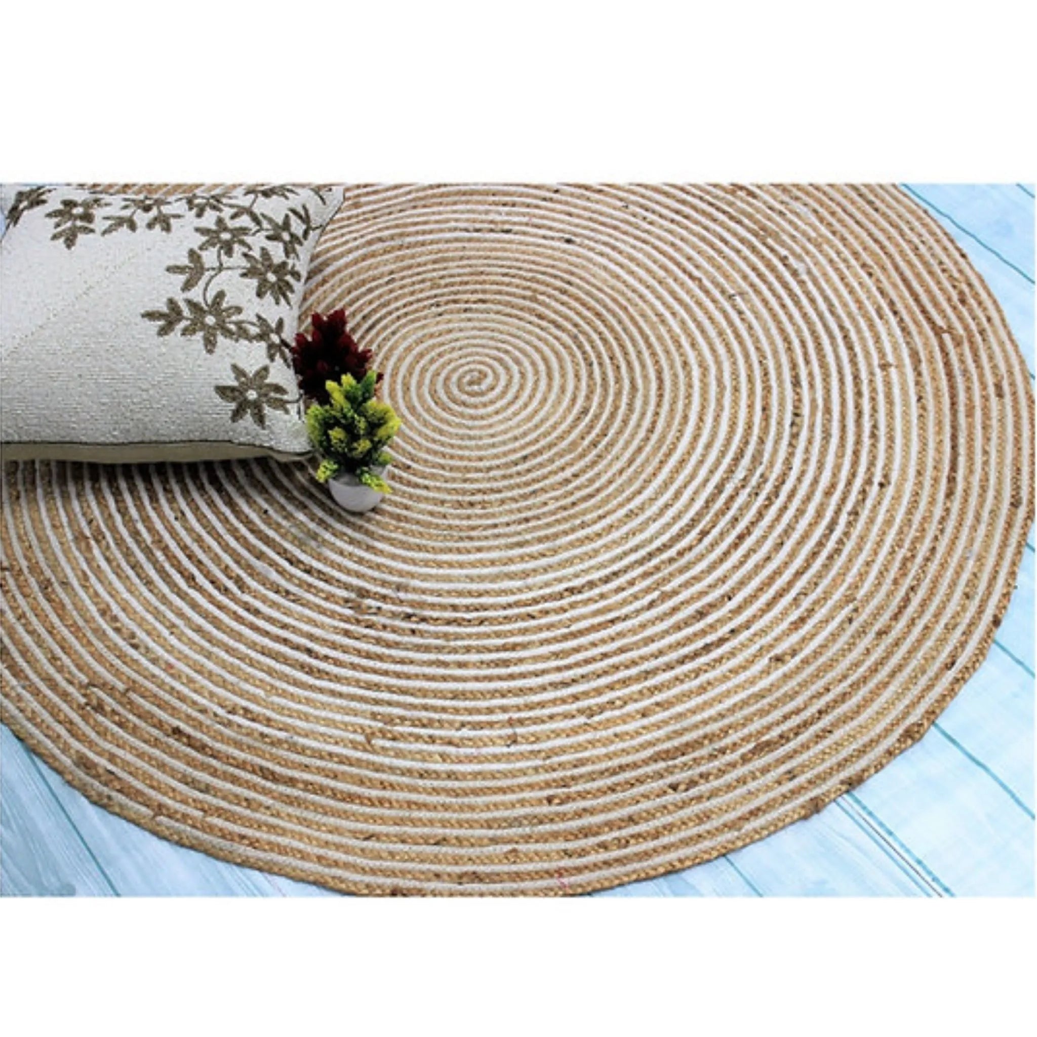 Natural Beige & White Spiral Round Rug – Artisan-Braided Jute Cotton Carpet