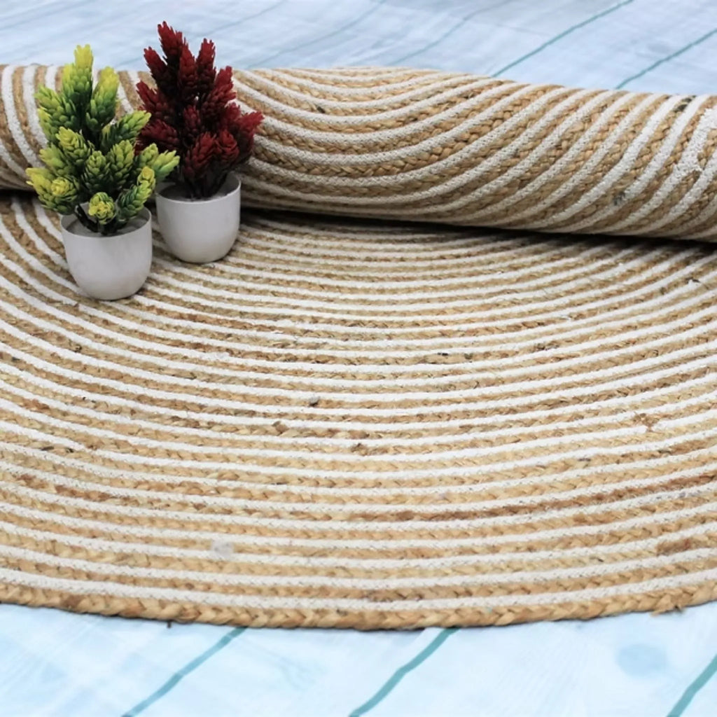 Natural Beige & White Spiral Round Rug – Artisan-Braided Jute Cotton Carpet