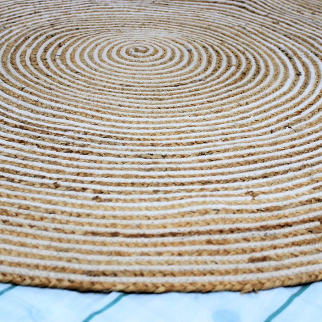 Natural Beige & White Spiral Round Rug – Artisan-Braided Jute Cotton Carpet