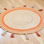 Natural Jute Circle Rug with Rust Stripes – Hand-Braided Tasselled Carpet