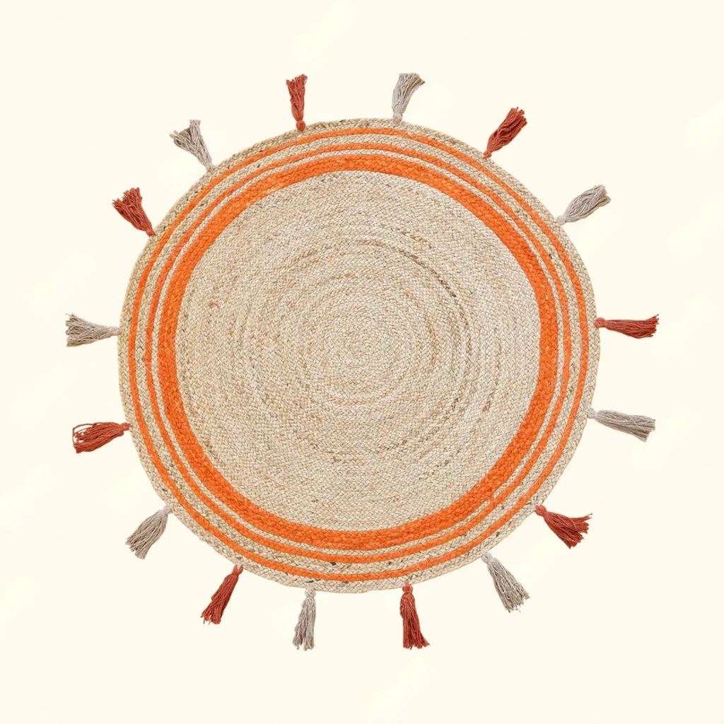 Natural Jute Circle Rug with Rust Stripes – Hand-Braided Tasselled Carpet