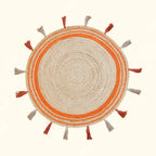 Natural Jute Circle Rug with Rust Stripes – Hand-Braided Tasselled Carpet