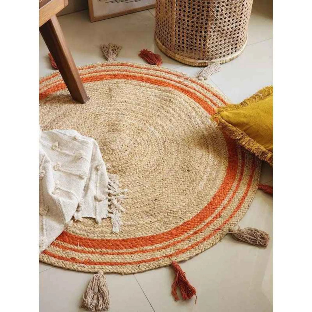 Natural Jute Circle Rug with Rust Stripes – Hand-Braided Tasselled Carpet