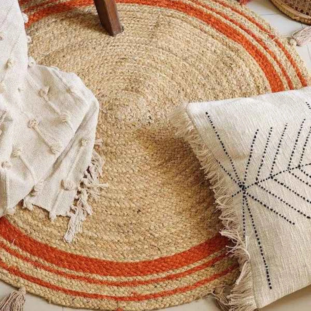 Natural Jute Circle Rug with Rust Stripes – Hand-Braided Tasselled Carpet