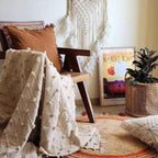 Natural Jute Circle Rug with Rust Stripes – Hand-Braided Tasselled Carpet