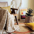 Natural Jute Circle Rug with Rust Stripes – Hand-Braided Tasselled Carpet