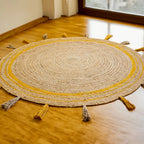 Natural Jute Circle Rug with Golden Stripes – Hand-Braided Tasselled Carpet