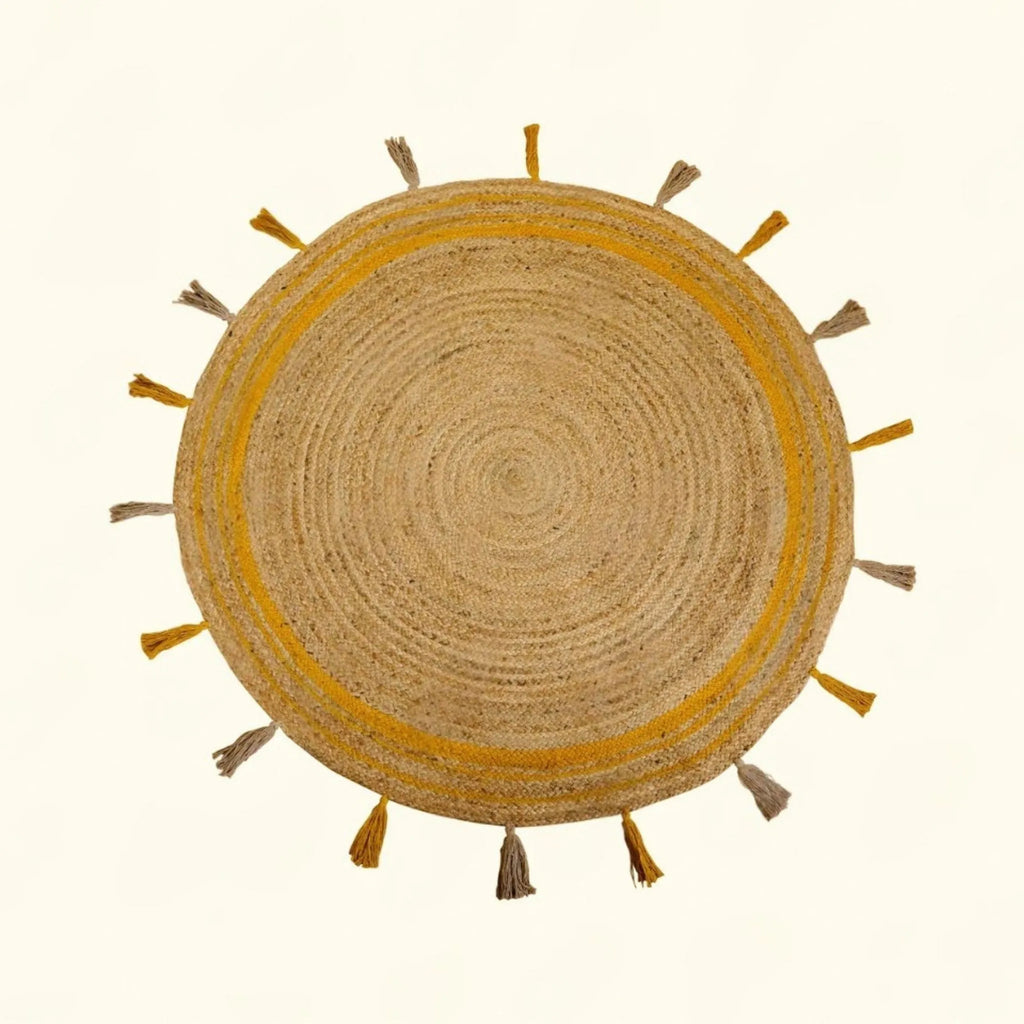 Natural Jute Circle Rug with Golden Stripes – Hand-Braided Tasselled Carpet