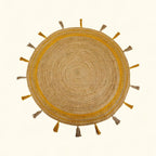 Natural Jute Circle Rug with Golden Stripes – Hand-Braided Tasselled Carpet