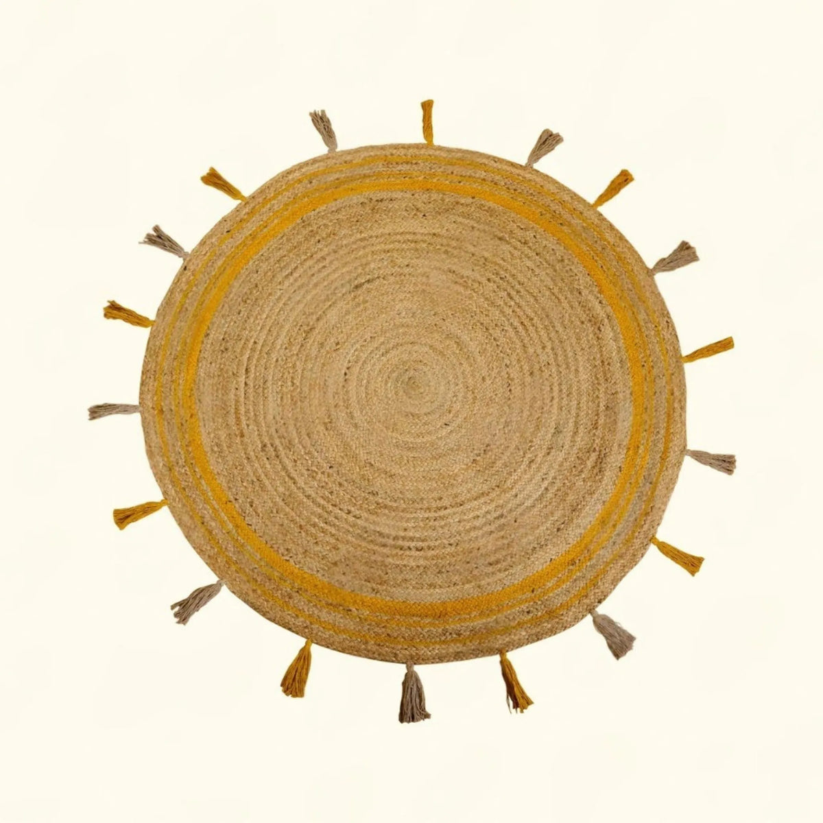 Natural Jute Circle Rug with Golden Stripes – Hand-Braided Tasselled Carpet
