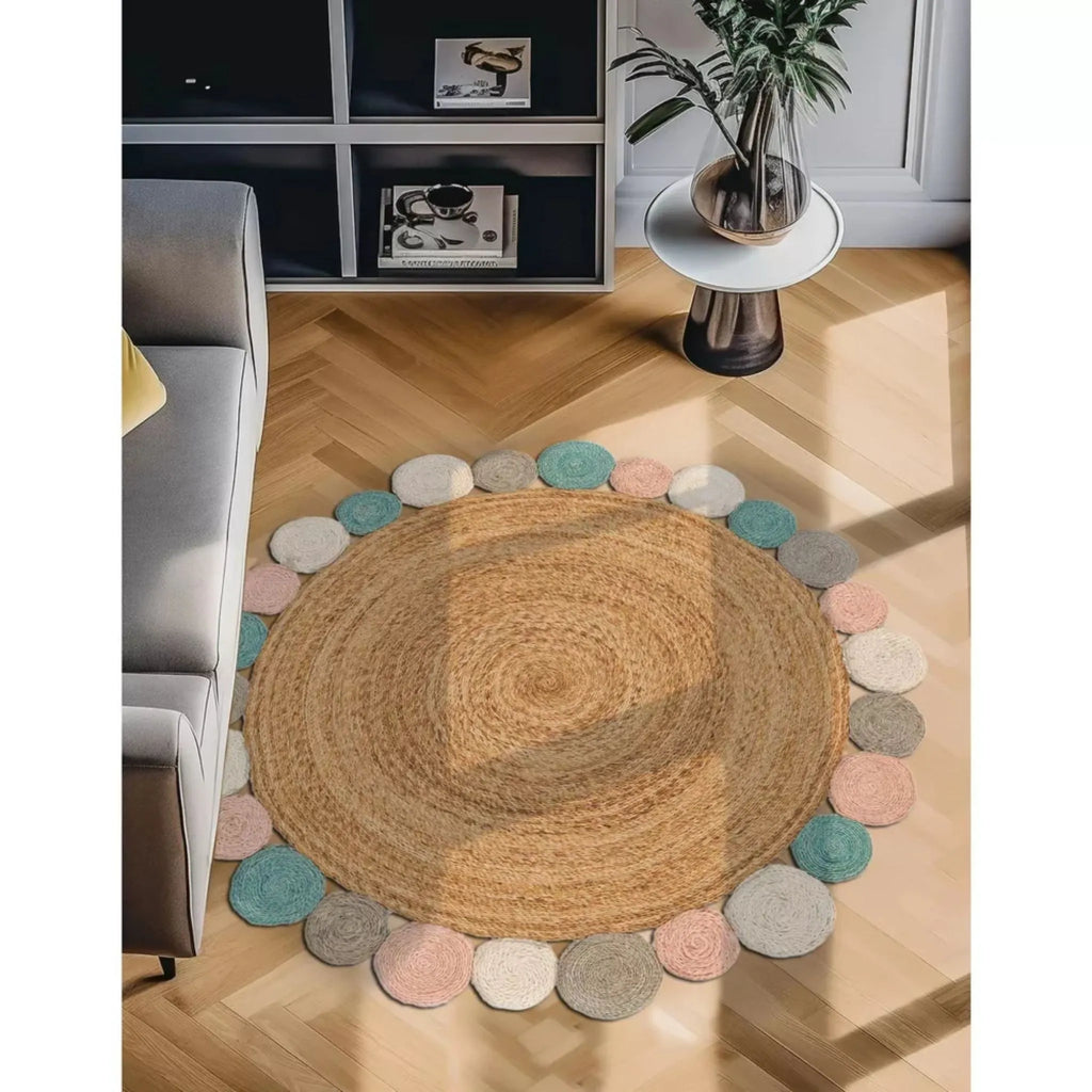 Handmade Braided Round Jute Rug – Natural Boho Area Rug with Multicolor Circle Border
