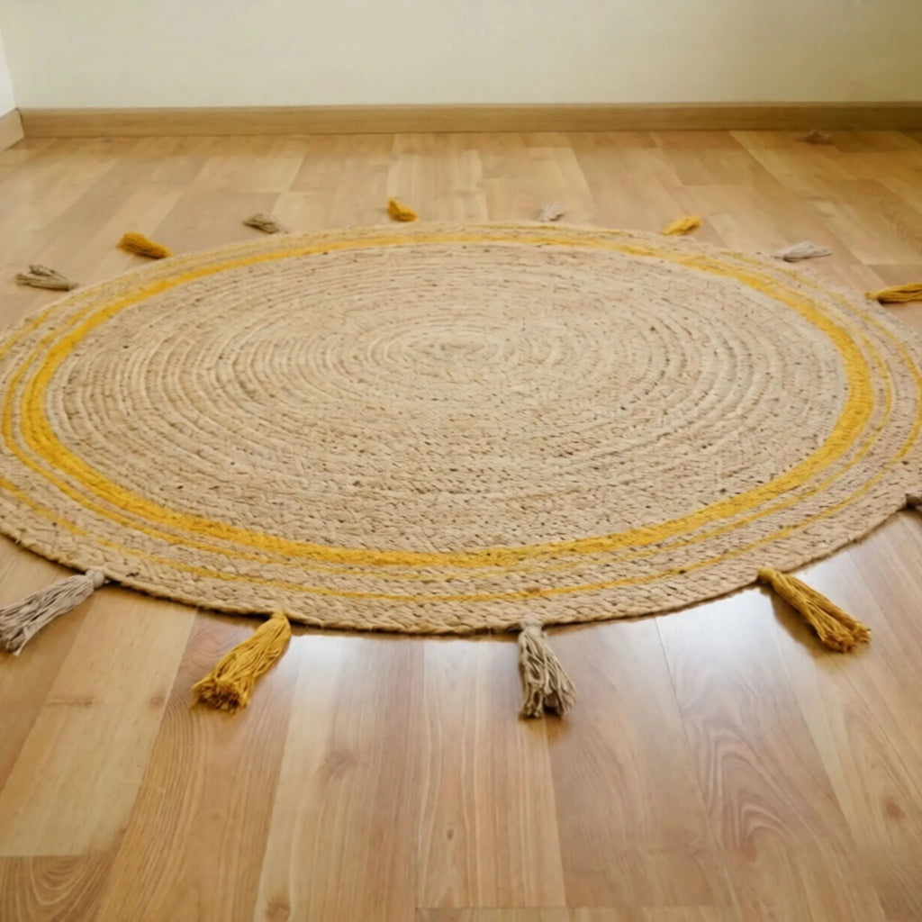 Natural Jute Circle Rug with Golden Stripes – Hand-Braided Tasselled Carpet