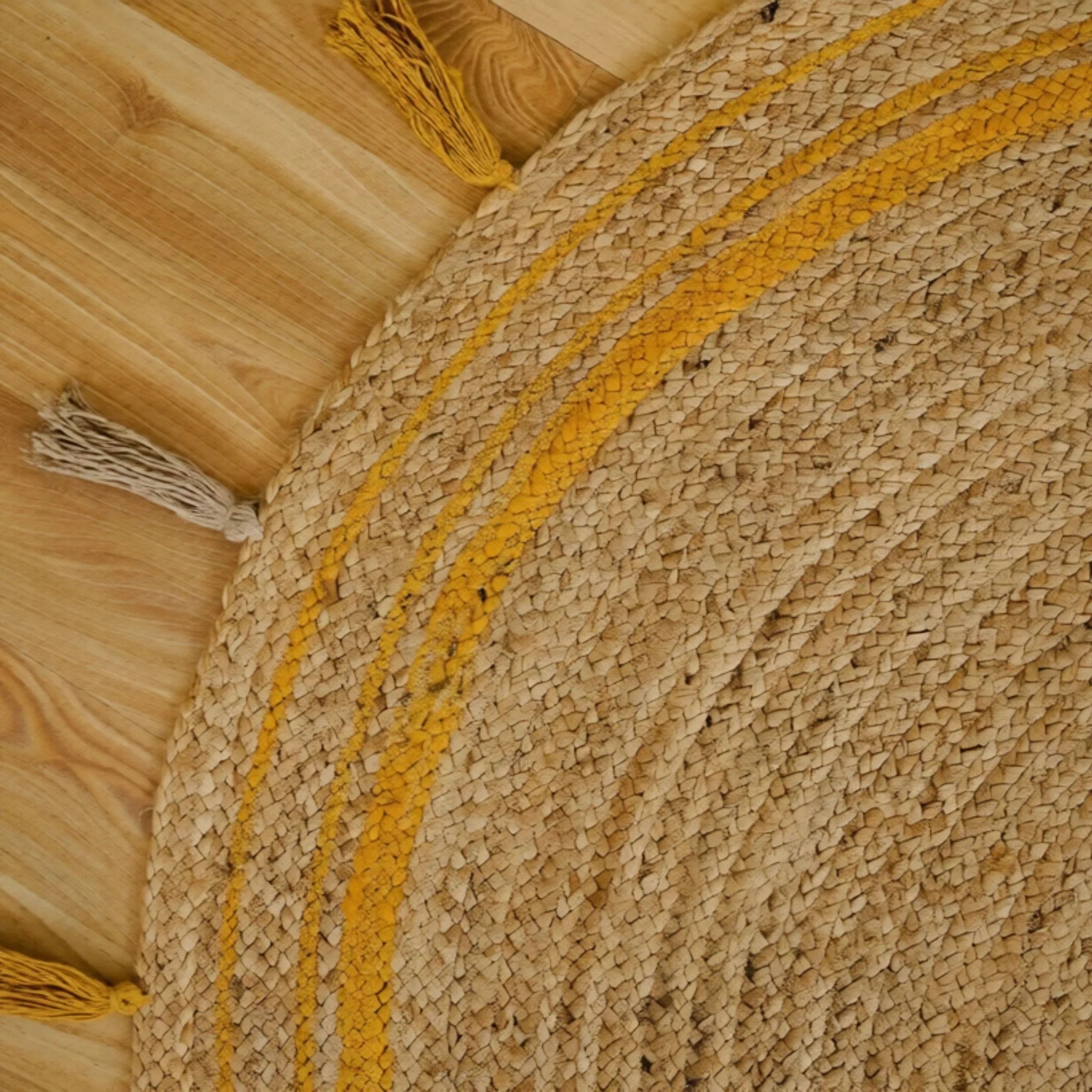 Natural Jute Circle Rug with Golden Stripes – Hand-Braided Tasselled Carpet
