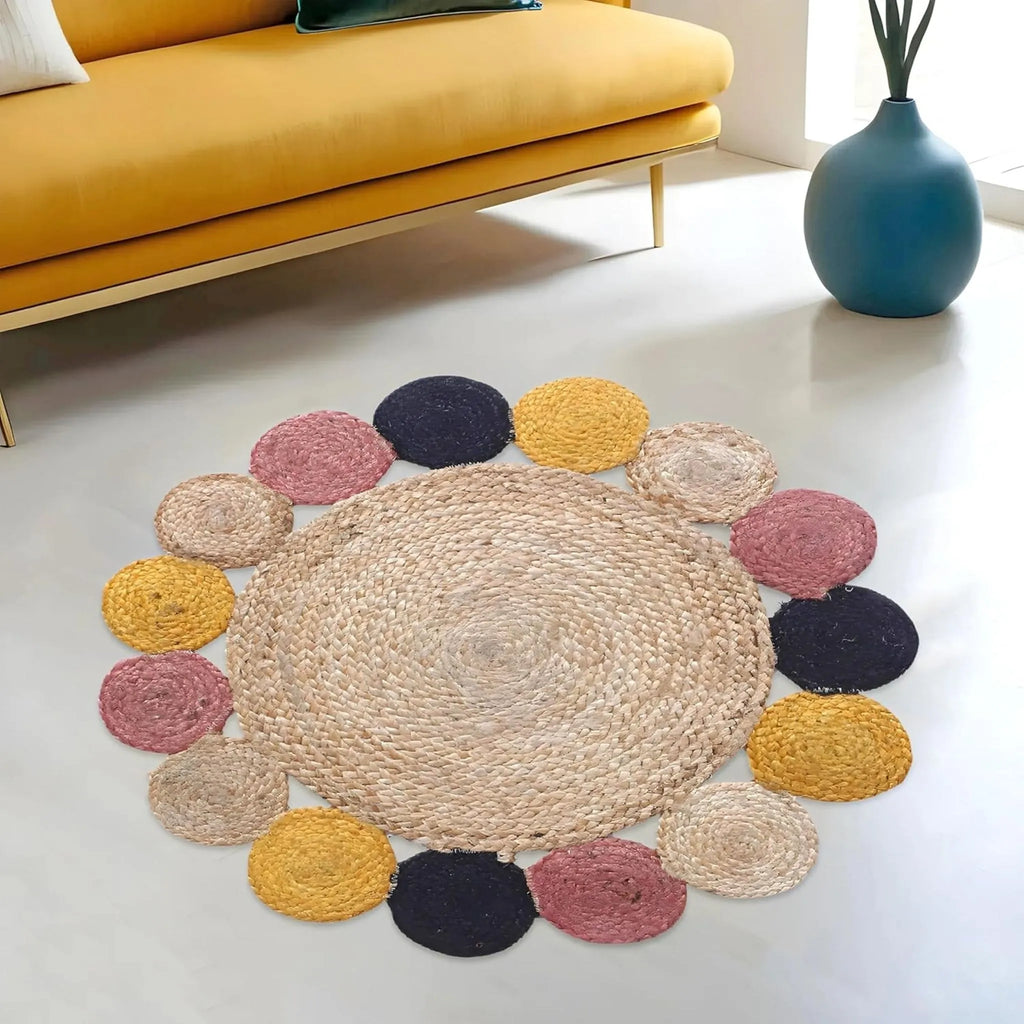 Natural Jute Sunburst Circle Rug – Colorful Braided Medallion Border Carpet