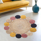 Natural Jute Sunburst Circle Rug – Colorful Braided Medallion Border Carpet