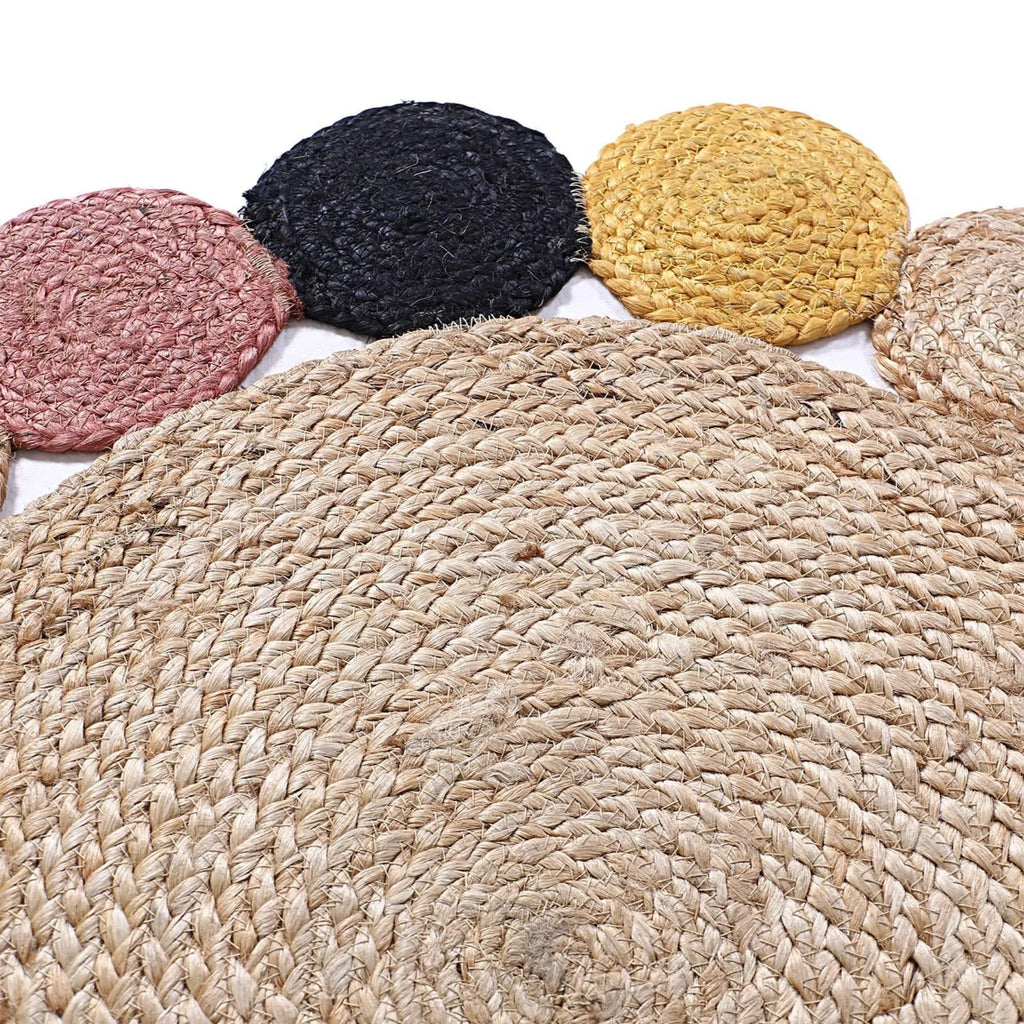Natural Jute Sunburst Circle Rug – Colorful Braided Medallion Border Carpet