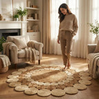 Natural & Ivory Jute Rosette Rug – Artisan-Braided Round Floral Carpet
